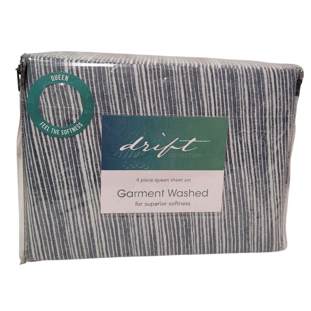Drift Collection Queen Garment Washed 4-Piece Sheet Set Kaisa Blue Striped